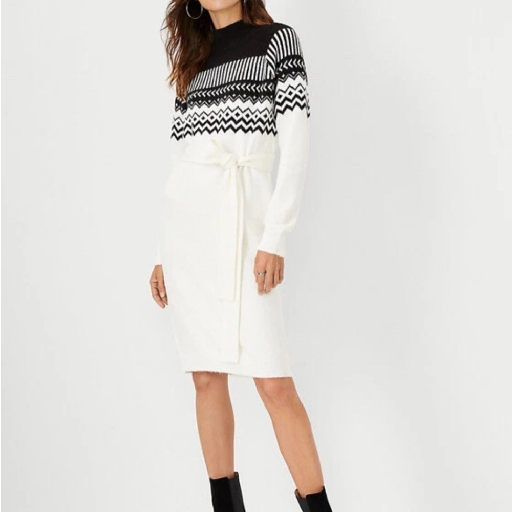 Ann Taylor NWT Fair Isle Wool Blend Sweater Dress Winter White Sz M